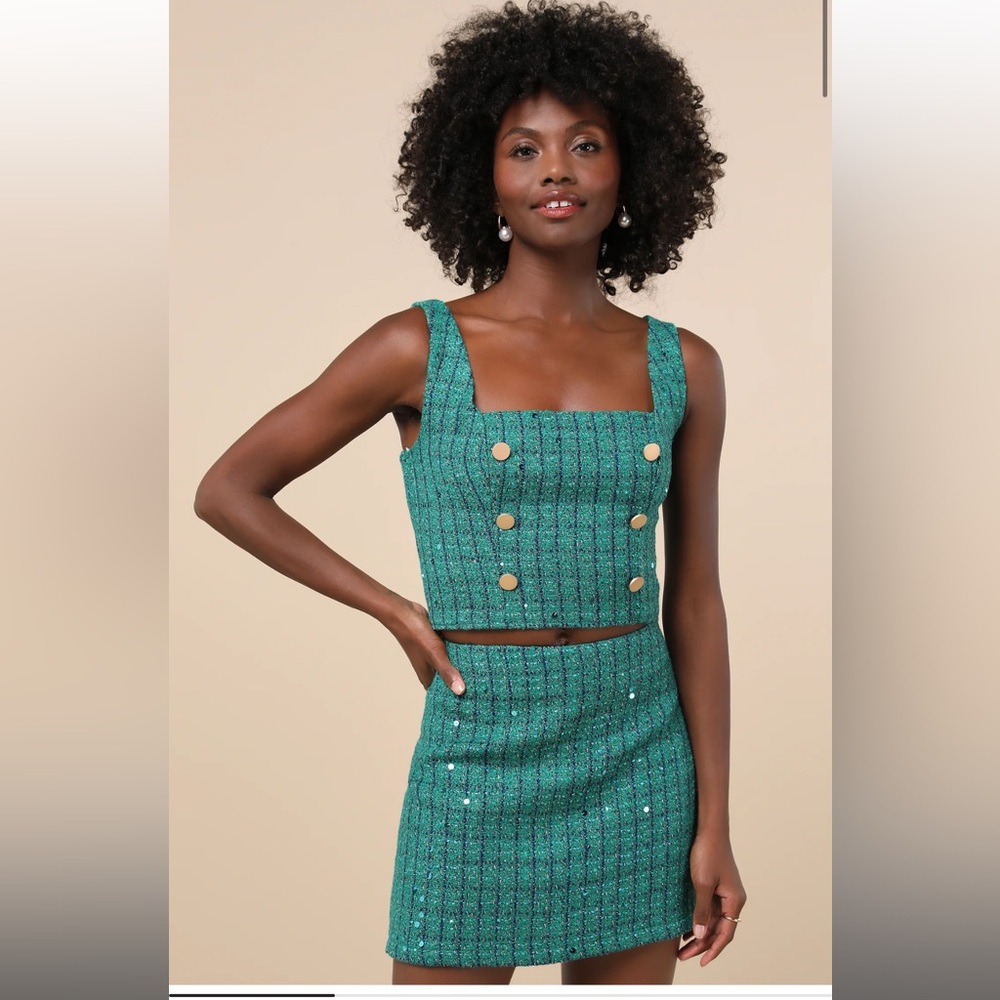 Lulu's Green Tweed Lurex Sequin Skirt and Top Set